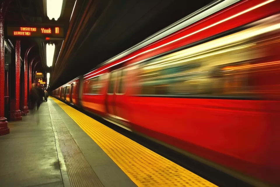 Blurred Red Line train passing through Boston subway station.